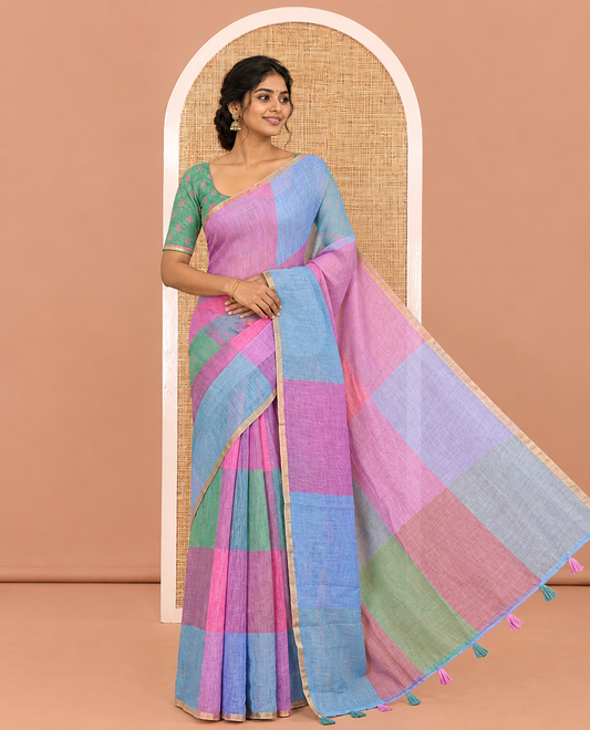 Borderless Magenta Linen Cotton Saree, Macro-Checked Design on Its Body, a Self-Pallu, and Contrast-Printed Blouse