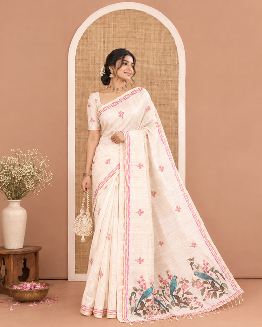 Chikku Semi-Tussar Silk Saree, Artfully Printed with Floral Motifs on Its Body, a Subtly Printed Border, Pallu of Floral Vine and Parrot Print, and Paired with a Matching Printed Blouse
