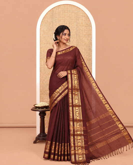 Coffee Brown Plain Chettinad Cotton Saree, a Traditional Zari Rettai Pettu Peacock Border, Striped Pallu, a Matching Blouse