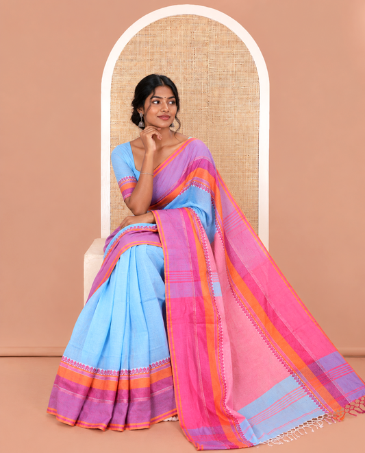 Blue Plain Khadi Mul Cotton Saree, Complemented by a Contrast Thread-Woven Border of Geometric Patterns, Contrast Plain Pallu, and Paired with a Matching Blouse