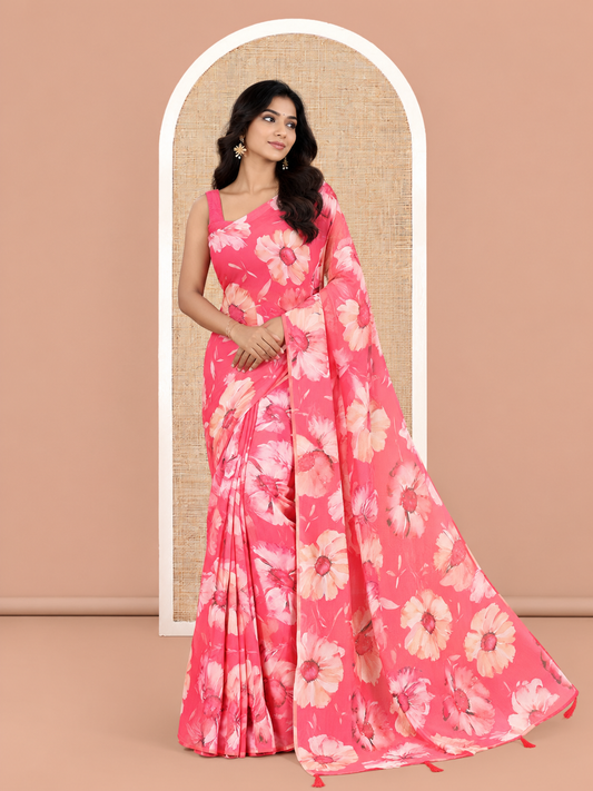 Borderless Rani Pink Chiffon Saree, Accentuated with Floral Motif Print, a Self-Pallu, and No Blouse