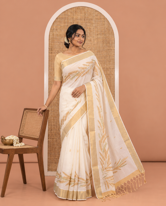 Cream Kerala Cotton Saree, Uniquely Detailed with Paddy Sheaves, a Zari Border, a Contrast Blouse