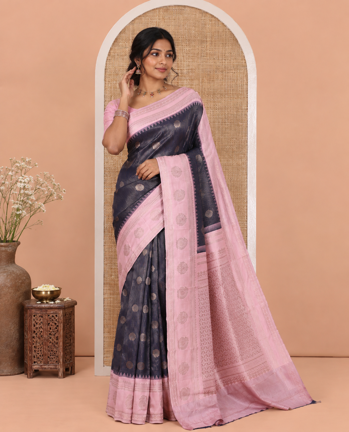 Navy Blue Kanchi Silk Saree, Accentuated with Zari Buttas and Stripes, Contrast Traditional Zari Border, Jaal Pallu, a Contrast Blouse