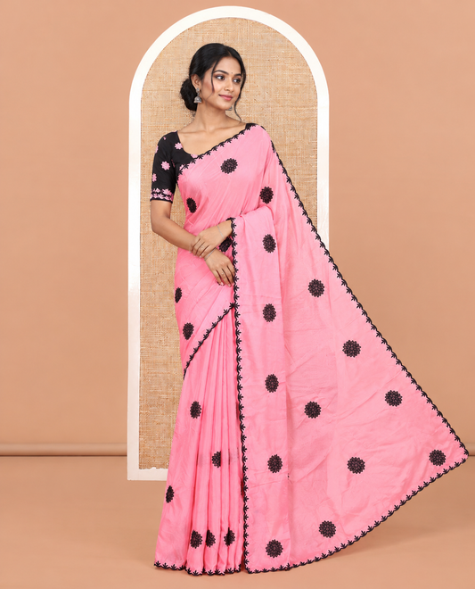 Pink Chiffon Saree, Gracefully Embellished with Floral Embroidery Buttas, a Lace Embroidered Border, a Contrast Blouse