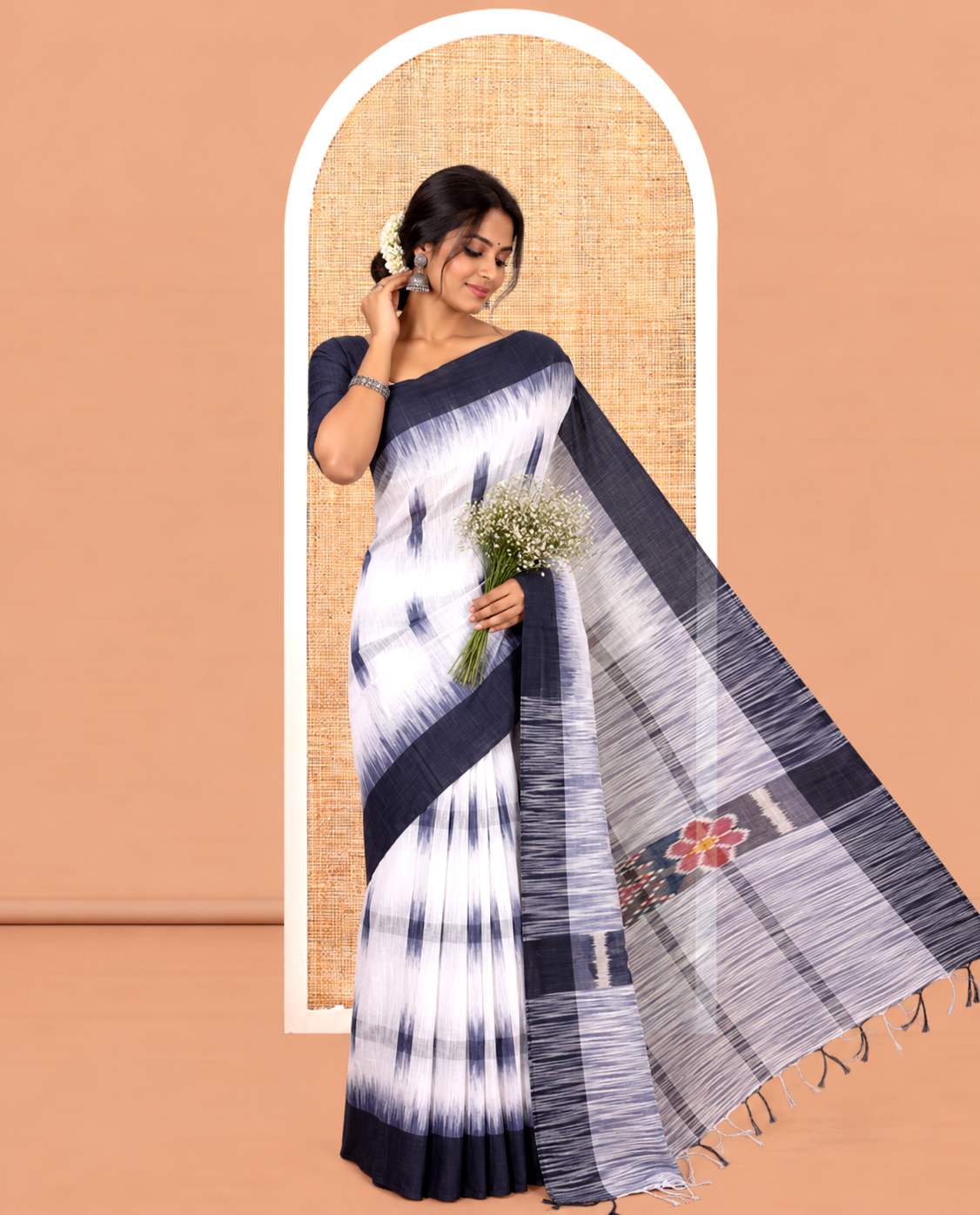 White-Navy Khadi Cotton Saree, Woven with Ikat Buttas, Contrast Blouse, Ikat Pallu, Matching Blouse