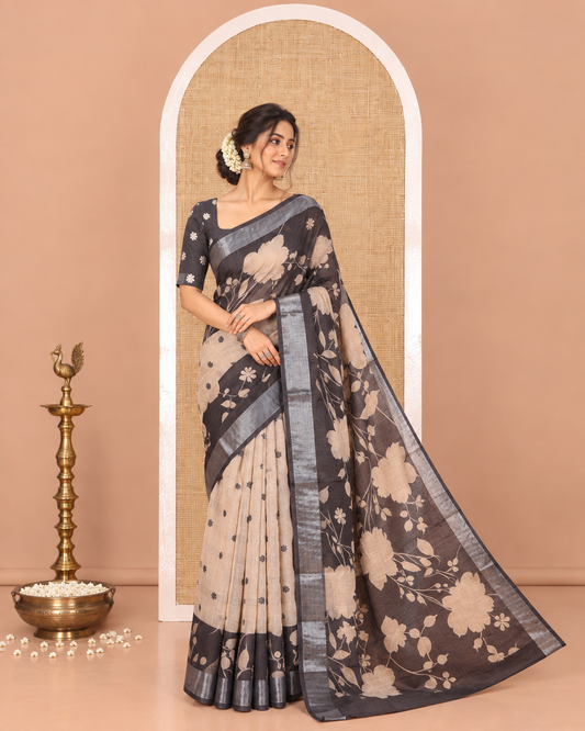 Chikku Linen Cotton Saree, Beautified with Silhouette-Style Floral Vine Printed on Its Body, Subtly Zari Bavanji Border, Pallu of Same Floral Print, and Paired with a Matching Blouse
