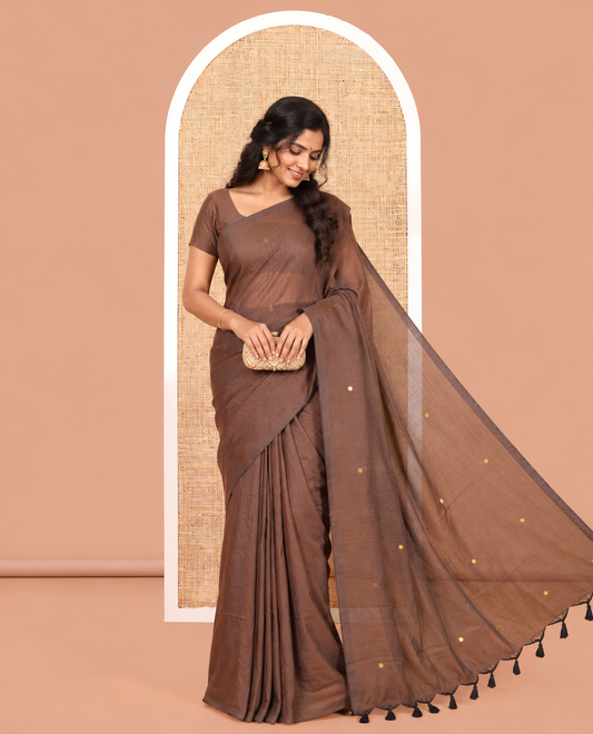 Borderless Brown Khadi Cotton Saree