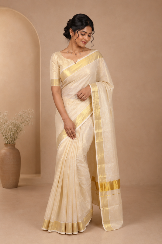 Gold Plain Kerala Tissue Saree, a Gleaming Zari Border, a Self-Pallu, and a Matching Blouse