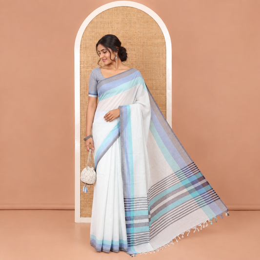 White and Blue Chettinad Cotton Saree, Subtly Sparkled with Stripes All Over Its Body, Complemented by a Contrast Tri-Colored Striped Border, Pallu of Stripes, and Has No Blouse