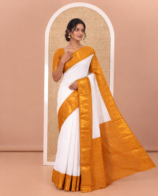Off-White and Mustard Plain Sungudi Cotton Saree Accentuated with a Contrast Border of Temple and Zari Checks Designs, Subtly Zari Striped Pallu, and Paired with a Contrast Blouse