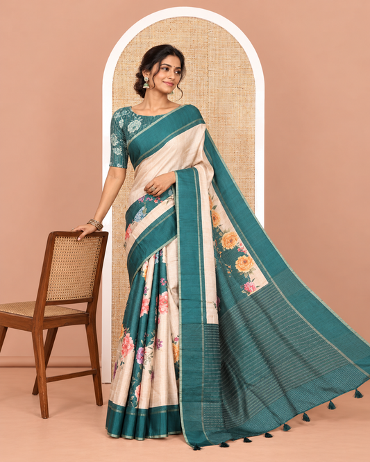 Rama green diagonal floral striped digital printed fancy tussar saree, contrast striped border, zari design pallu, and a contrast floral printed blouse