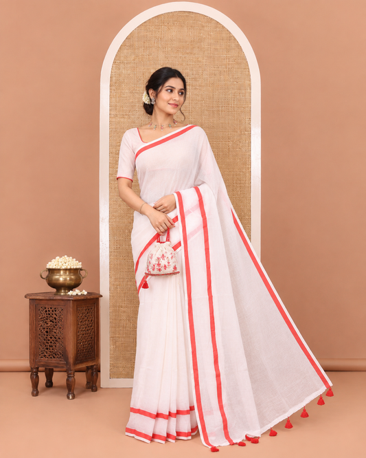 Cream Plain Khadi Mul Cotton Saree, Highlighted by Red Striped Border, Plain Pallu, Paired with a Matching Blouse