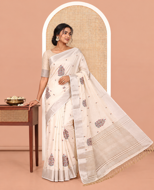 Cream Tree Embroidered Semi-Tussar Saree, a Zari Border,  Matching Blouse