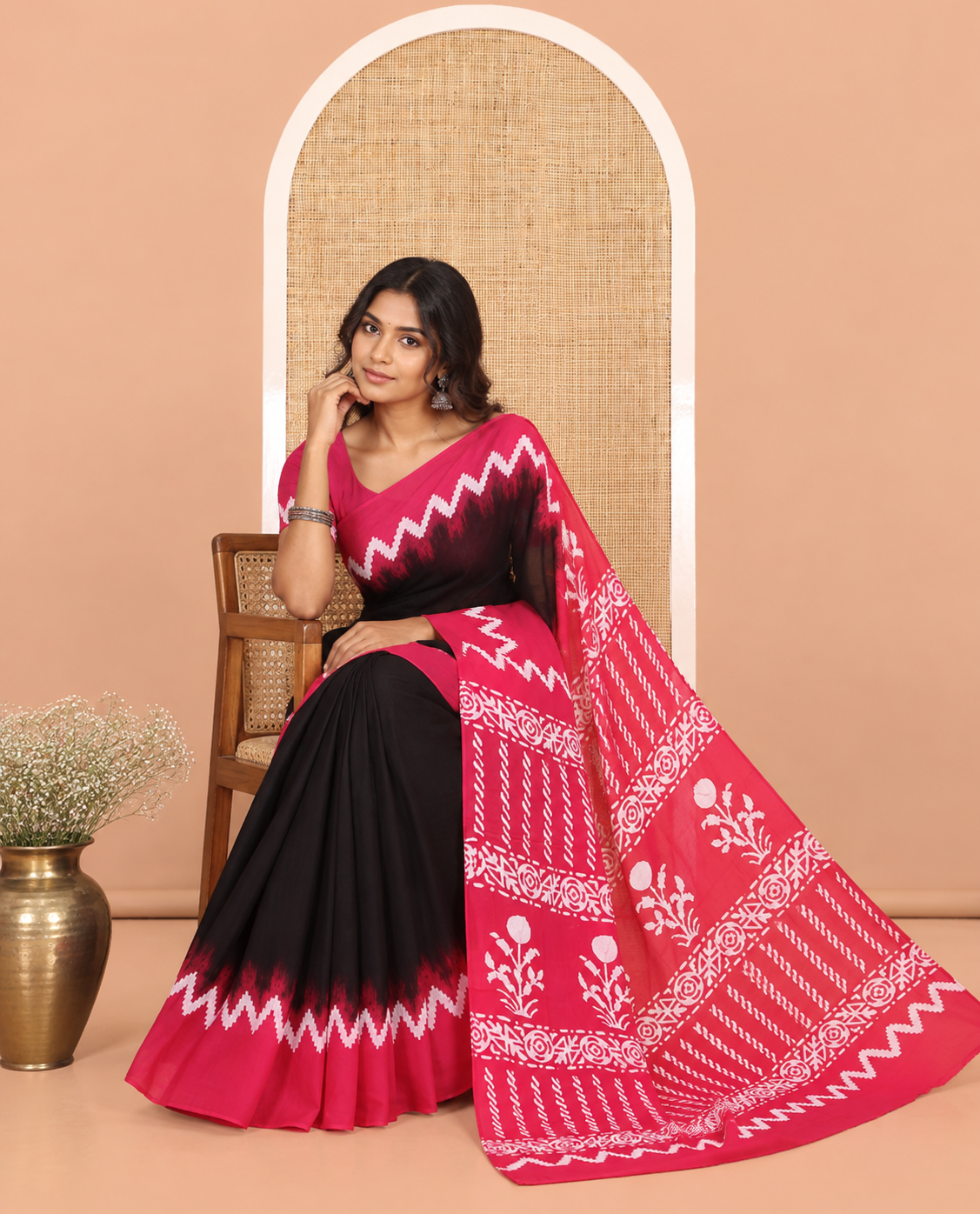 Black-Rani Pink Plain 60Gm Georgette Saree, Contrast Zig-Zag Batik Printed Border, Batik Printed Pallu, and a Matching Blouse