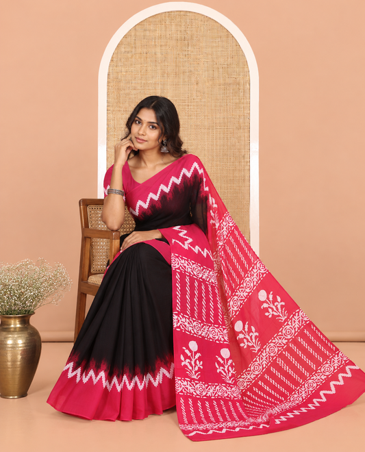 Black-Rani Pink Plain 60Gm Georgette Saree, Contrast Zig-Zag Batik Printed Border, Batik Printed Pallu, and a Matching Blouse