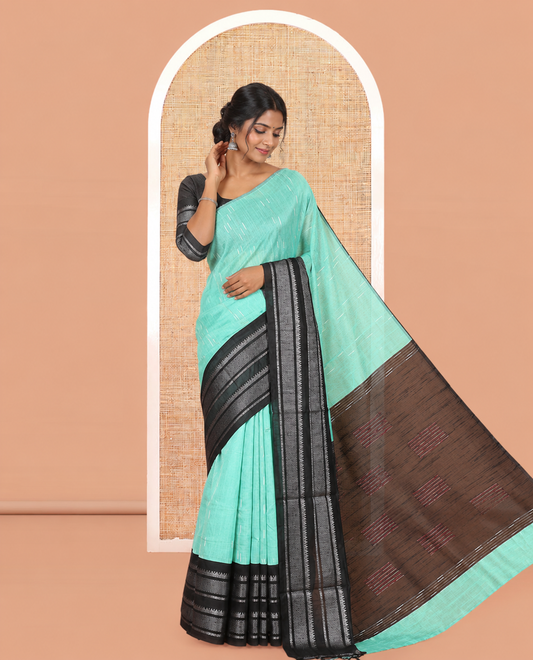 Sea Green Semi-Raw Silk Saree, Subtly Woven with Thread Stripes, a Contrast Traditional Zari Border, Contrast Pallu, and a Contrast Blouse