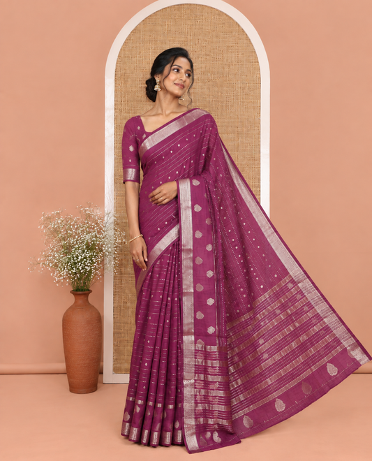 Wine Assam Silk Saree, Enriched with Zari Designs, a Traditional Zari Border, Striped Pallu, and a Matching Blouse