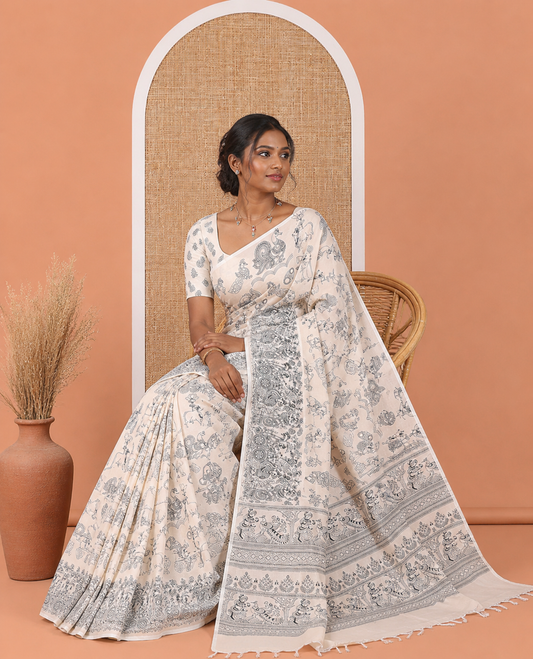 Borderless Cream South Cotton Saree, Beautified with Kalamkari-Style Motifs Outline Print, and a Matching Blouse