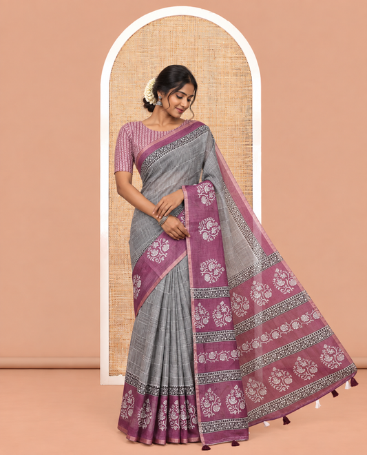 Black-Purple Linen Cotton Saree