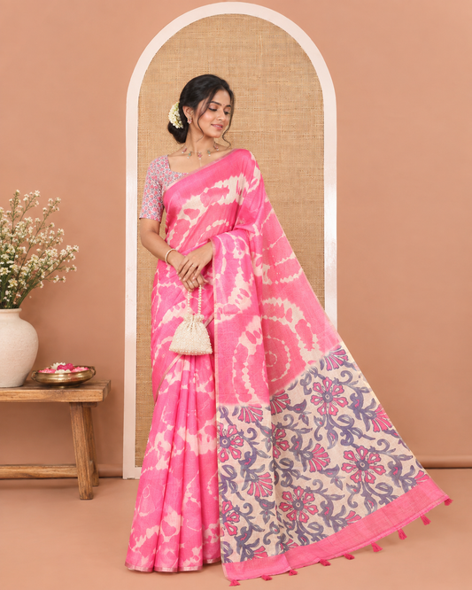Borderless Pink Linen Cotton Saree, Accentuated with Shibori Printed on Its Body, Complemented by Contrast Floral Printed Pallu, and Paired with a Contrast Floral Printed Blouse