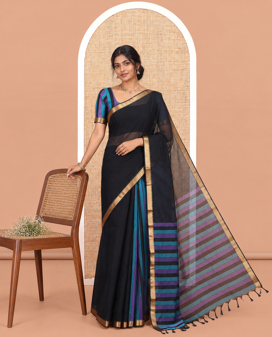 Black Half-And-Half Striped Mangalgiri Cotton Saree, a Temple Border, Striped Pallu, Contrast Blouse