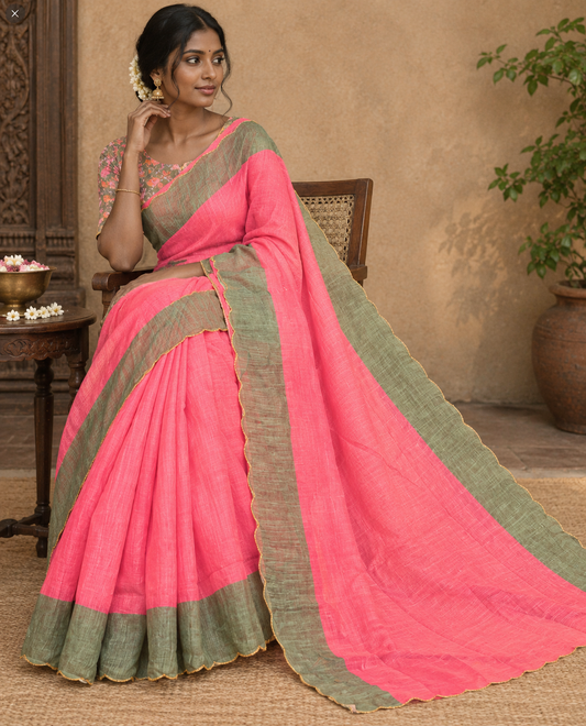 Tomato Pink Plain Linen Cotton Saree, Contrast Plain Scallop Border, a Self-Pallu, and Contrast Kalamkari Printed Blouse