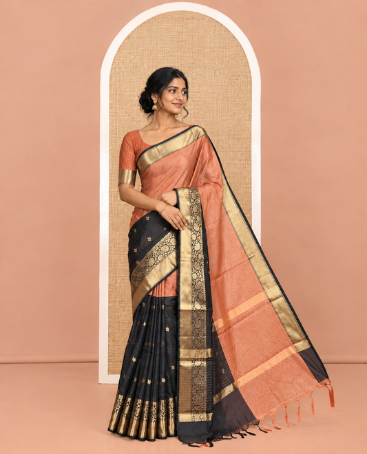 Rust-Black Semi-Katan Silk Saree Features Half-And-Half Style and Zari Buttas, Traditional Border, and Matching Blouse