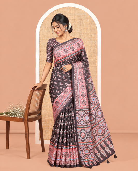 Black Satin Crepe Saree