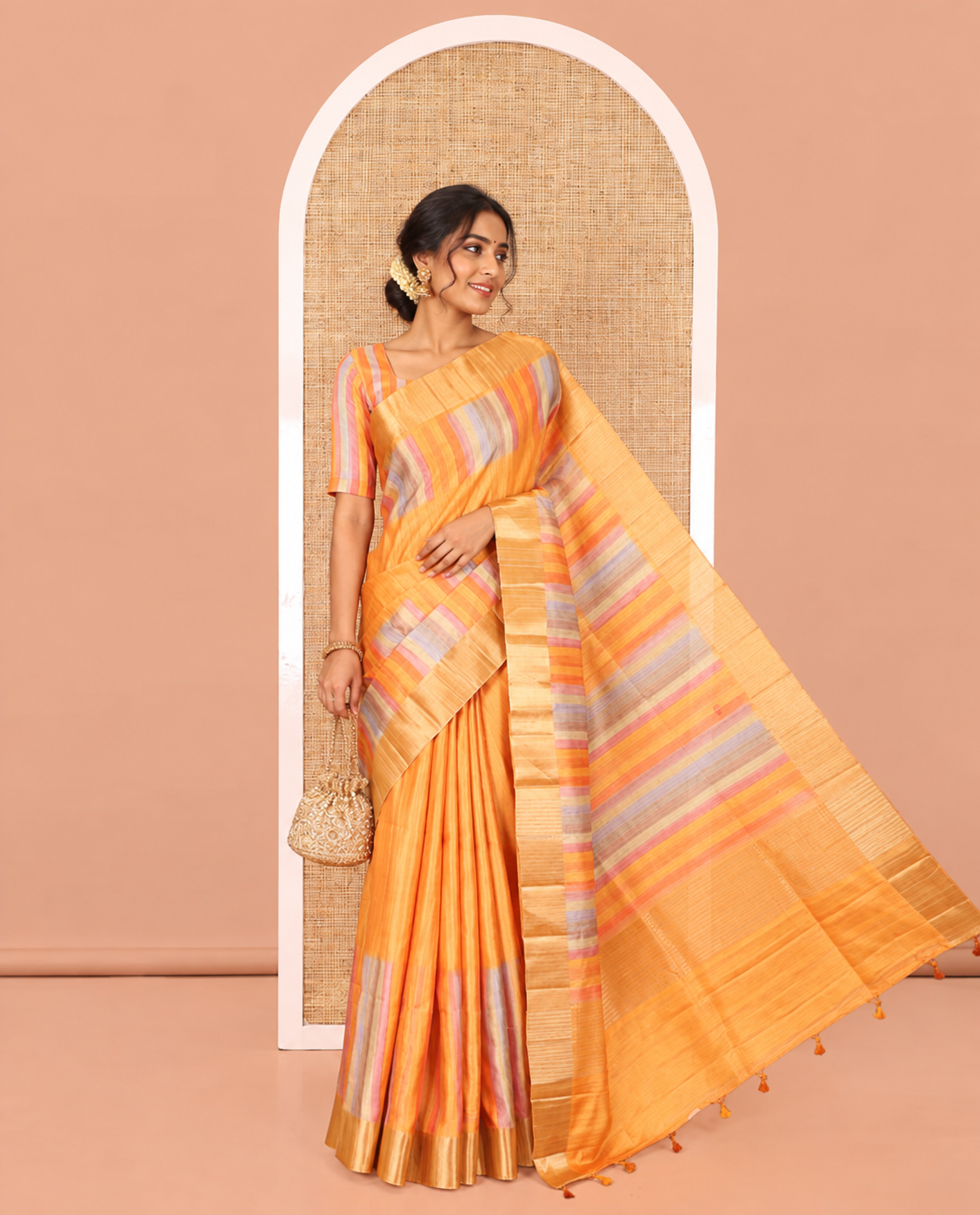 Orange Plain Fancy Tussar Saree, Highlighted by a Zari Bavanji Handbrush Painting-Style Striped Border, Striped Pallu, and Paired with a Matching Blouse