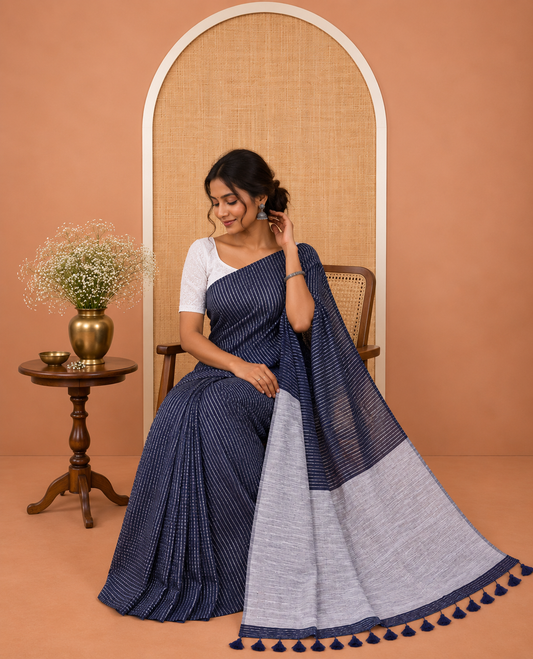 Borderless Navy Blue Zari Striped Khadi Cotton Saree, Contrast Pallu, and No Blouse