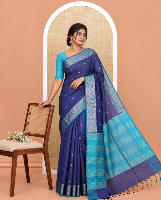 Navy Blue Semi-Raw Silk Saree Features Thread Buttas, Contrast Intricate Border, Striped Pallu, and a Contrast Blouse