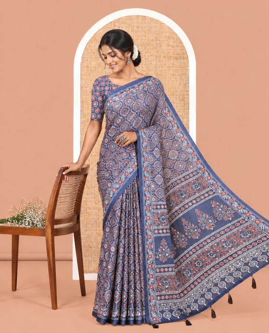Blue Satin Crepe Saree