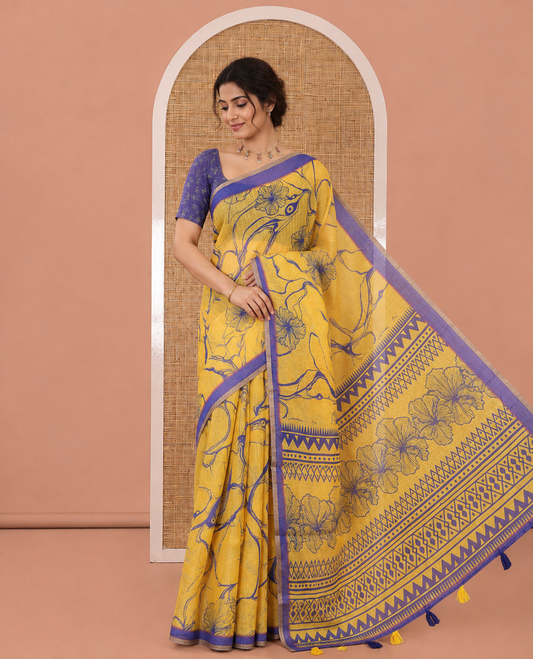 Yellow Abstract Printed Linen Cotton Saree, Complemented by a Contrast Border, Floral Printed Pallu, and a Contrast Blouse
