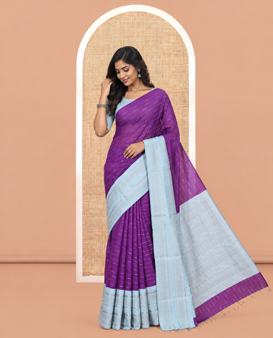 Violet Semi-Raw Silk Saree, Subtly Sparkled with Thread Stripes, a Contrast Traditional Zari Border, Checked Pallu, and a Contrast Blouse
