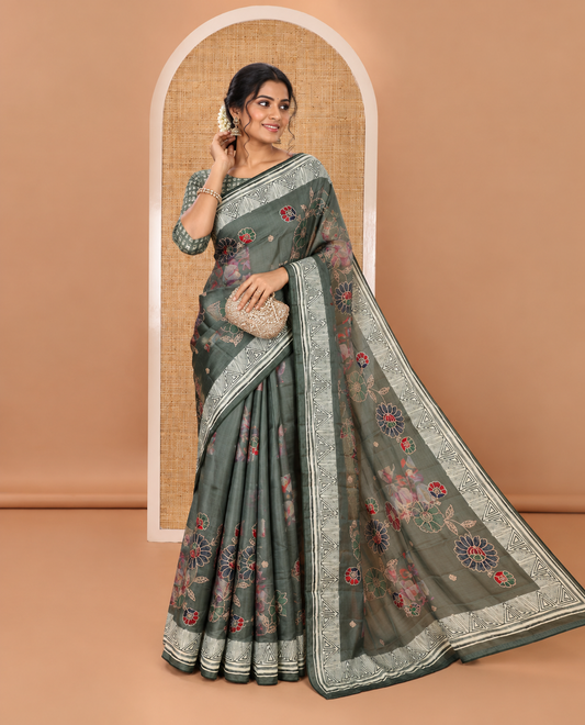 Olive green floral print & multi-color floral thread embroidered fancy tussar silk saree, triangle motif print & embroidered border & matching blouse of print & embroidery