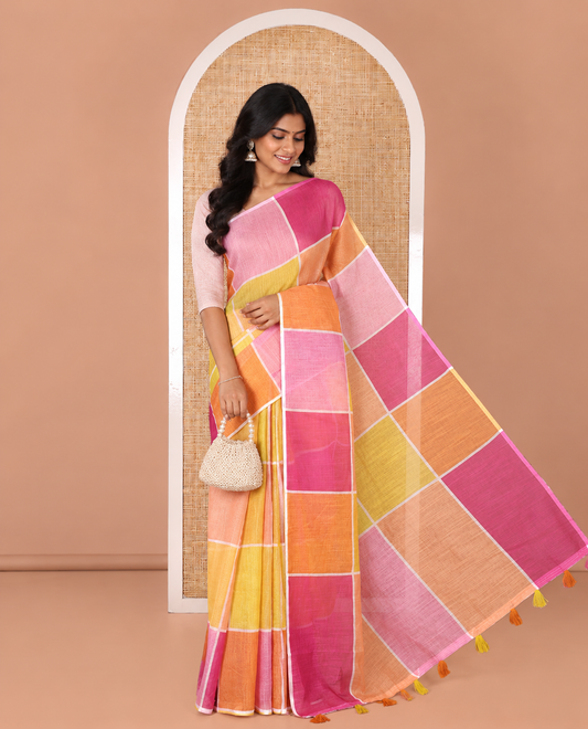 Borderless Multi-color Linen Cotton Saree, Beautified with Big Colorful Solid Checks On Its Body, Self-Pallu of Tassels, and Paired with a Contrast Plain Blouse