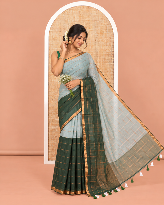 Pista Green-Bottle Green Khadi Mul Cotton Saree