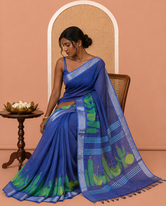 Royal Blue Cactus Printed Linen Cotton Saree, a Zari Border, and a Matching Blouse