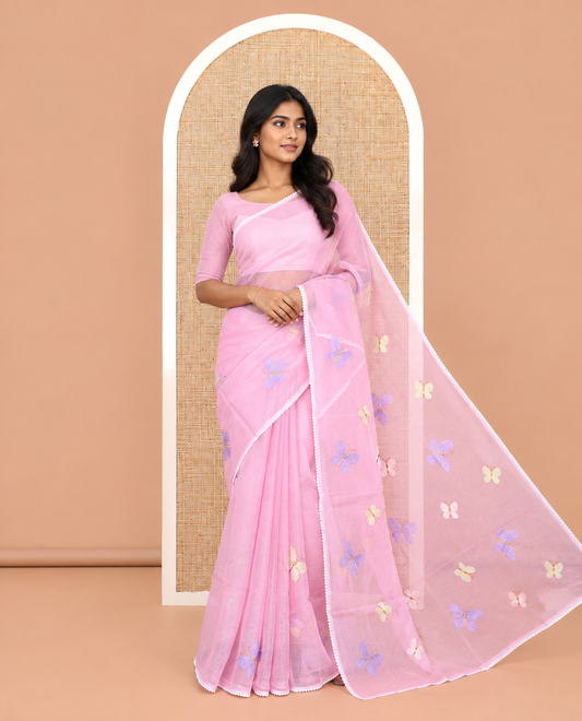 Pastel Lavender Kota Doria Saree, Delicately Woven with Butterfly Buttas, a Lace Border, a Matching Blouse
