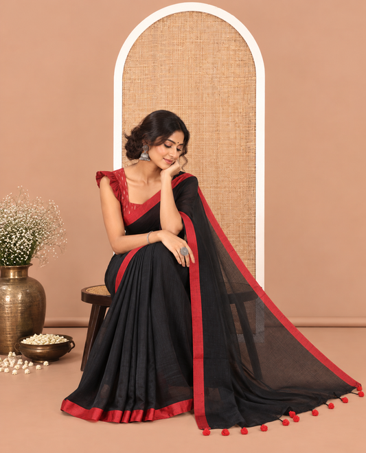 Black Plain Khadi Cotton Saree, a Contrast Border, a Self-Pallu, and No Blouse