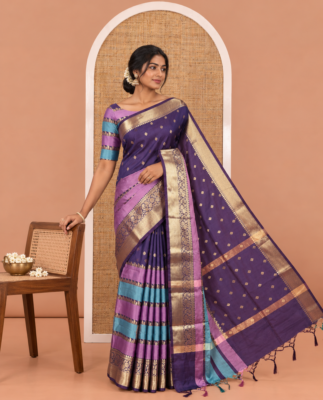 Violet Semi-Katan Silk Saree, Adorned with Zari Designs, Contrast Floral Creeper Border, Self-Pallu, and Matching Blouse