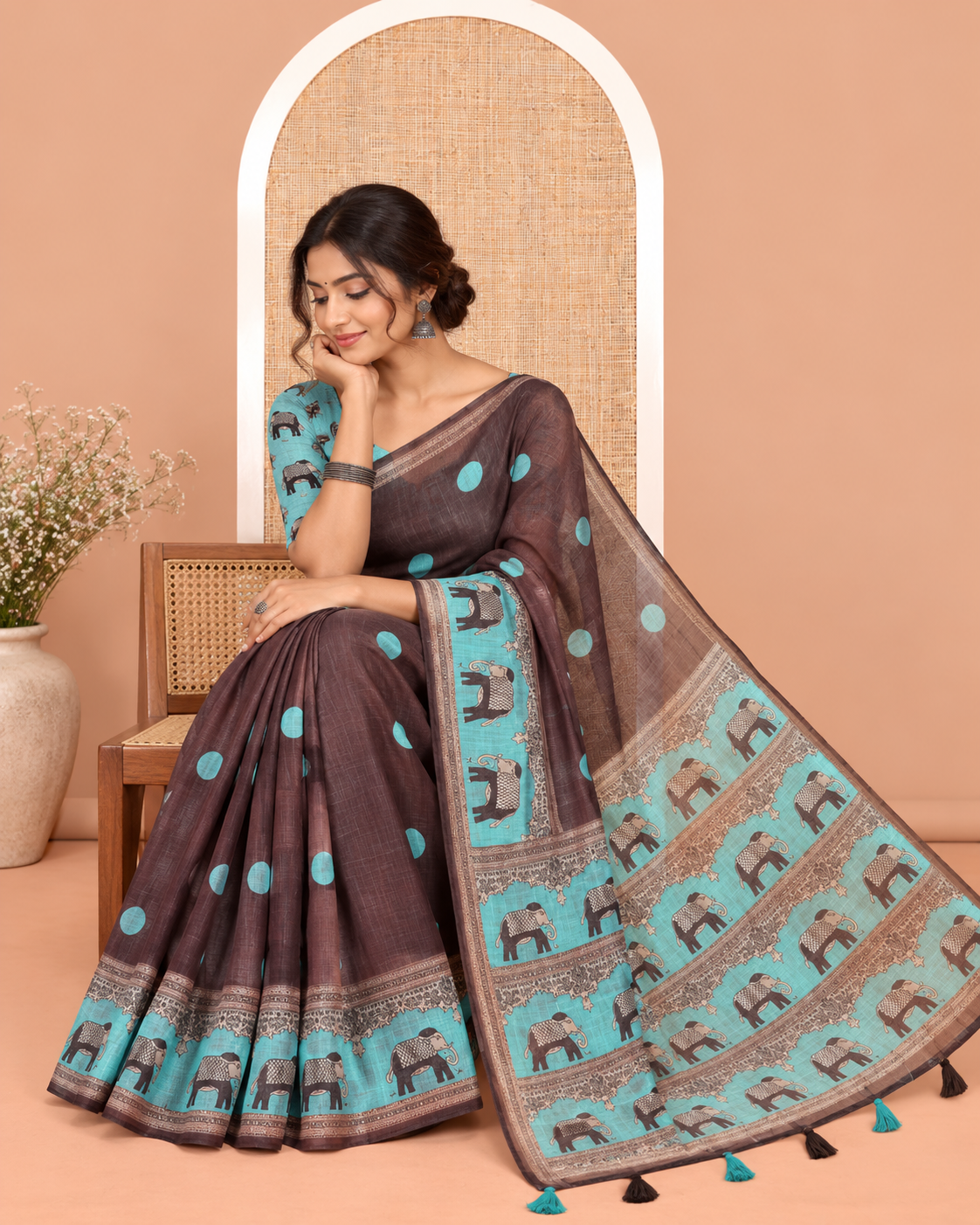 Brown Linen Cotton Saree Features Polka Dots, a Contrast One-sided Elephant Motif Border, Elephant Motif Pallu, Contrast Blouse