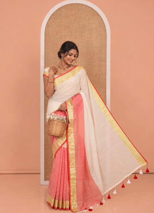 Off-White-Red Plain Khadi Mul Cotton Saree, a Bavanji Border, a Self-Pallu, and a No Blouse