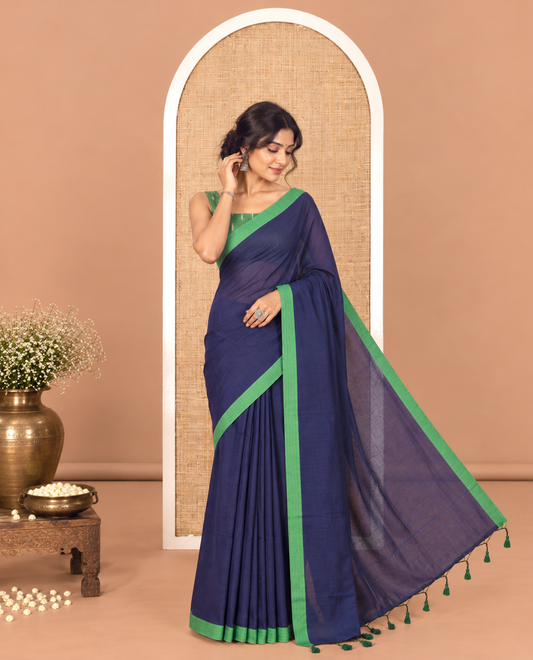 Blue Plain Khadi Cotton Saree, a Contrast Border, a Self-Pallu, and No Blouse