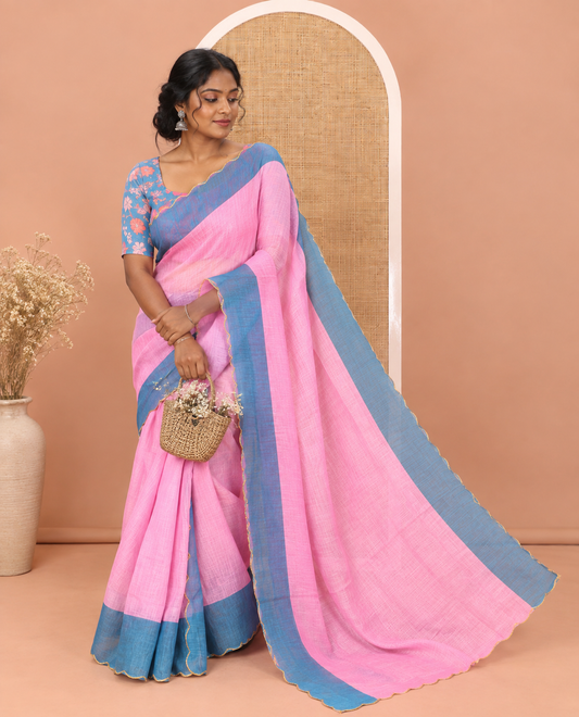 Baby Pink Plain Linen Cotton Saree, Contrast Plain Scallop Border, a Self-Pallu, and Contrast Kalamkari Printed Blouse