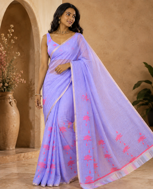 Borderless Lavender Linen Cotton Saree Features Lotus Print, a Self-Pallu, and a Matching Blouse