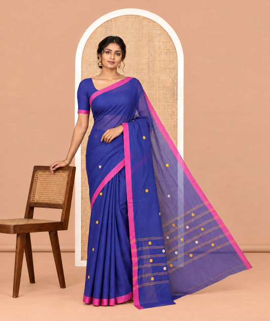 Navy Blue Chettinad Cotton Saree, Subtly Sparkled with Thread Buttas, a Contrast Border, Pallu of Stripes and Buttas, a Matching Blouse
