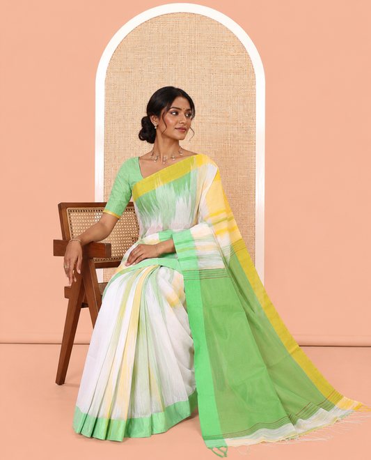White-Green Khadi Linen Saree, Adorned with Ikkat Weave, a Contrast Plain Border, Plain Pallu, and a Contrast Blouse