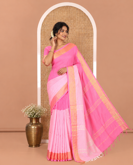 Light Pink-Pink Half-And-Half Plain Khadi Mul Cotton Saree, a Gold Zari Border, Striped Pallu, and No Blouse