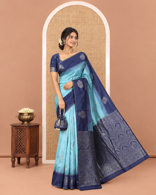 Blue Kanchi Silk Saree, Adorned with Zari Buttas All Over Its Body, Complemented by a Contrast Border of Unique Buttas, Pallu Grandly Woven with Intricate Designs, and Paired with a Contrast Blouse